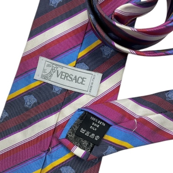 VERSACE Blue/Red Striped Monogrammed Medusa Silk LUXURY Tie ITALY - Picture 3 of 4
